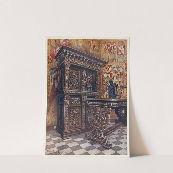 Carved oak armoire, Carved oak table by Edwin Foley
