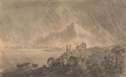 Castle above a Lake with Distant Mountain under Stormy Sky