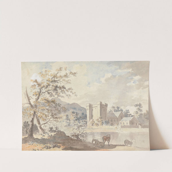 Castle below mountains with horses by a river by Sawrey Gilpin