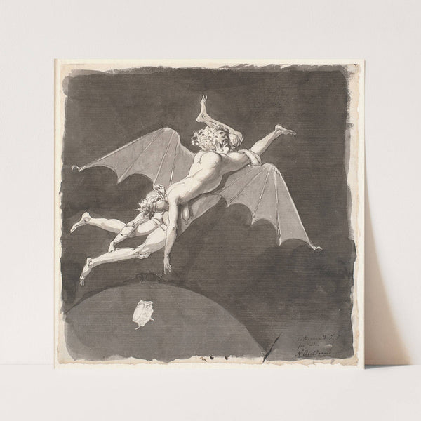 Catharina II’s fart fra jorden Hun hviler på ryggen af en mand med flagermusvinger by Nicolai Abildgaard