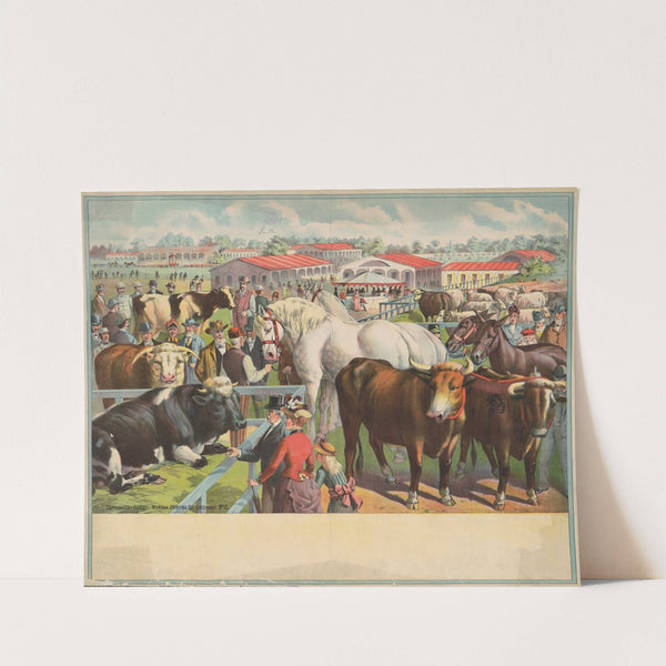Cattle, horses, and people at the fair with stables in the background (1891) by Russell, Morgan & Co.