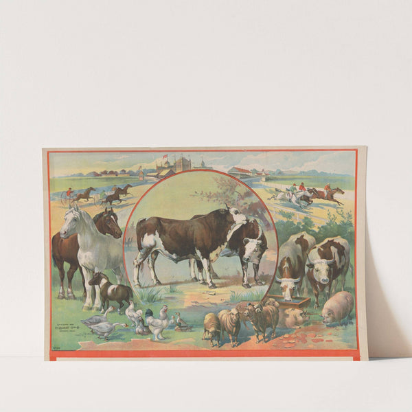 Cattle surrounded by farm animals and horse racetrack (1892) by Calvert Litho. Co