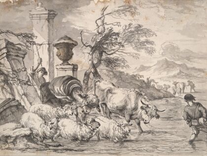 Cattle wasing through a flooded stream