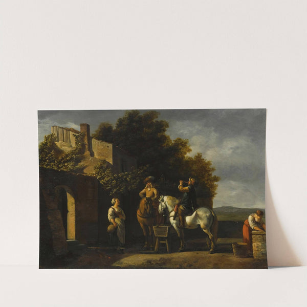 Cavaliers On Horseback Resting Outside An Inn With A Courtyard Beyond by Gerrit Adriaensz. Berckheyde