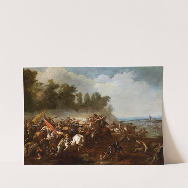 Cavalry Skirmish in an Extensive Landscape with Village in the Distance by Manner Of Adam Frans Van Der Meulen