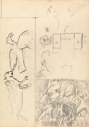 Cave of the Golden Calf; Studies of Tree Houses, Animals and Floor Plan