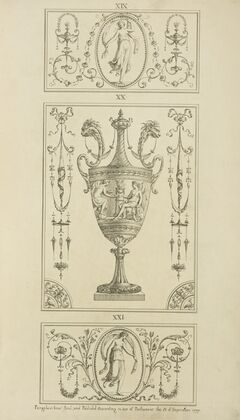 Central design of an urn; one angel approaching another.