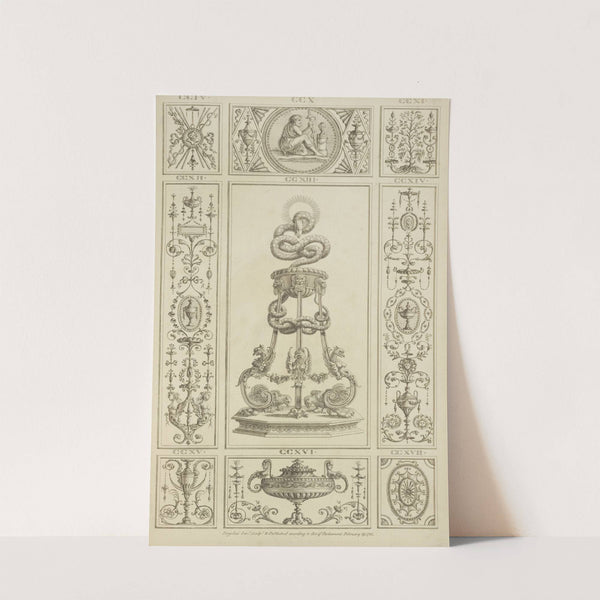 Central design of basin in stand with designs of birds and large snake. by Michael Angelo Pergolesi