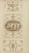 Central design of four cherubs with basket of apples, shrouds, and torch.