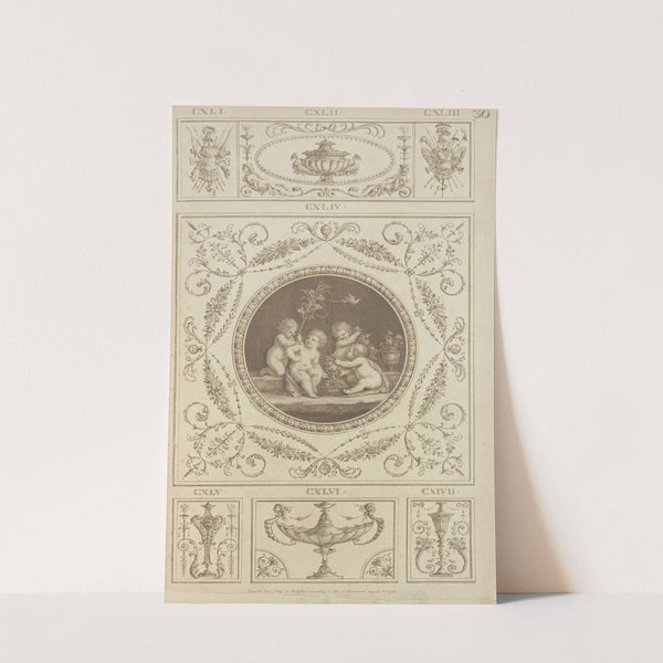 Central design of four cherubs with basket of fruit and leaves, small bird overhead. by Michael Angelo Pergolesi