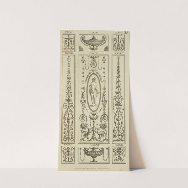 Central design of nude woman with drape holding small vase. by Michael Angelo Pergolesi