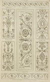 Central design of two floral shapes surrounded by curling vegetal shapes.