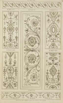 Central design of two floral shapes surrounded by curling vegetal shapes.