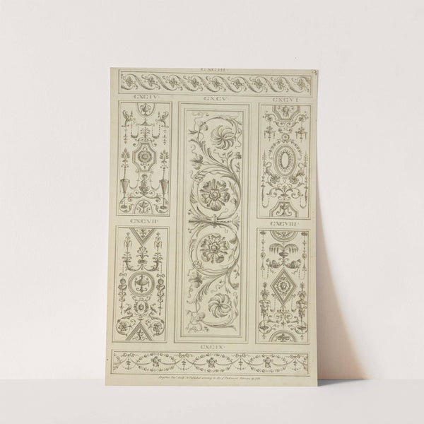 Central design of two floral shapes surrounded by curling vegetal shapes. by Michael Angelo Pergolesi