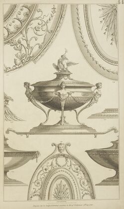 Central design of urn with designs of women’s torsos and cherub and eagle on the lid.