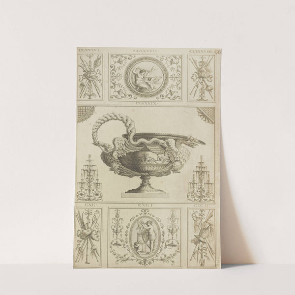 Central design of urn with handle in shape of snake held by two eagles. by Michael Angelo Pergolesi