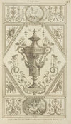 Central design of urn with two mermen on lid pouring water from shells.