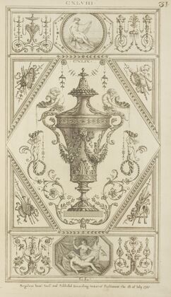 Central design of urn with two mermen on lid pouring water from shells.