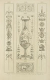 Central design of vase; seated goddess pointing at woman with urn.