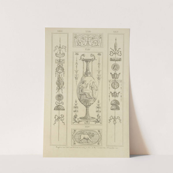 Central design of vase; seated goddess pointing at woman with urn. by Michael Angelo Pergolesi