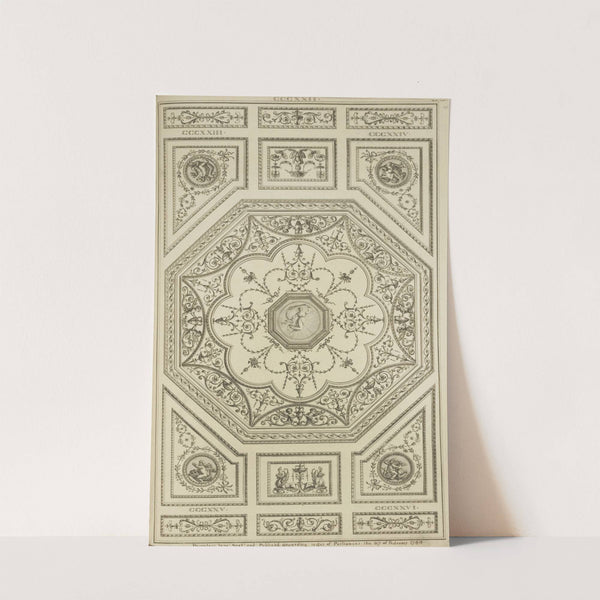 Central octagonal design with leaves and urns; center design of woman with drape. by Michael Angelo Pergolesi