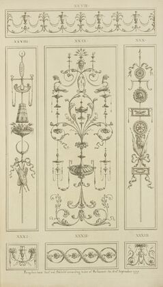 Central ornamental design with birds, faces, and vegetal shapes.