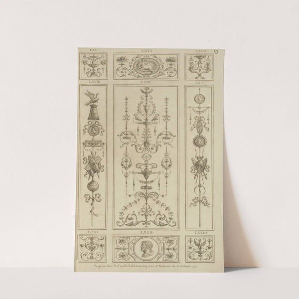 Central ornamental design with birds, leaves, and face. by Michael Angelo Pergolesi