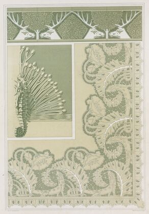 Cerfs et noisetiers, bordure, carreaux céramiques; hippocampe et algues, pied de coffret, bronze; lézards et pavots, broderie