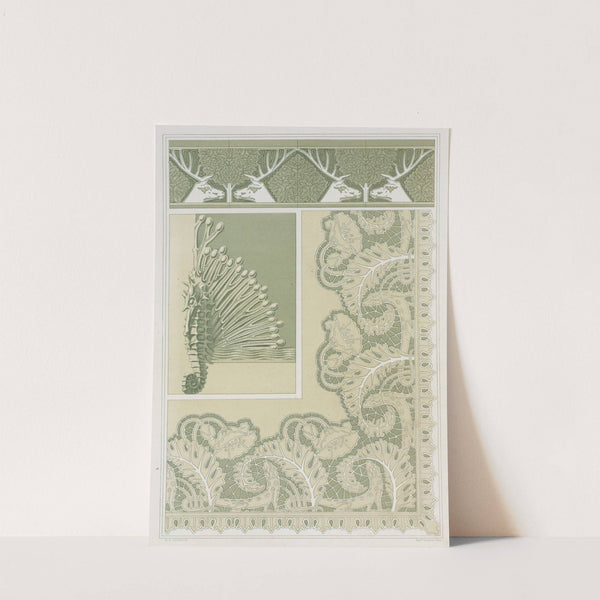 Cerfs et noisetiers, bordure, carreaux céramiques; hippocampe et algues, pied de coffret, bronze; lézards et pavots, broderie by Maurice Pillard Verneuil