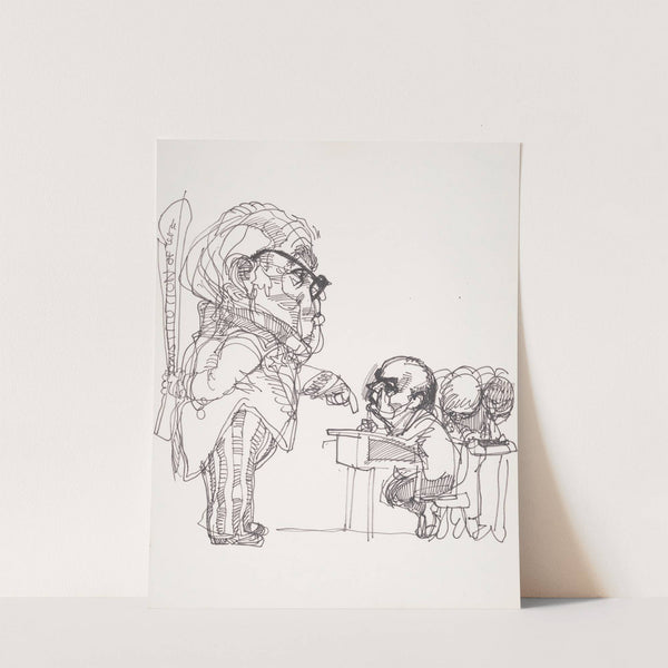 Chair of the Senate Watergate Committee, Senator Sam J. Ervin, holding bat labeled "Constitution of we?" while pointing at a man (John Ehrlichman) sitting at a school desk by Joseph Papin