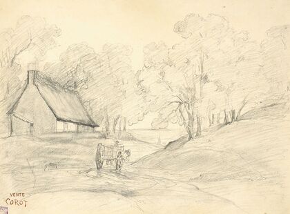 Chaumière dans un paysage arboré avec un homme dans une charrette