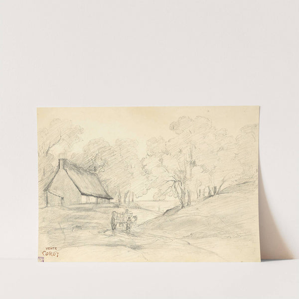 Chaumière dans un paysage arboré avec un homme dans une charrette by Jean-Baptiste-Camille Corot