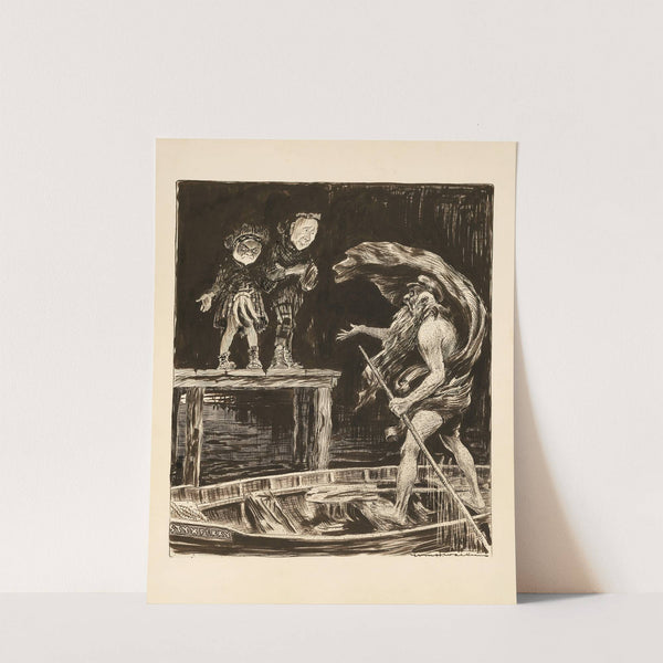 Cheron beckons two men to enter the boat to take them across the Styx to Hades, but they will not enter. (1907) by William Henry Walker