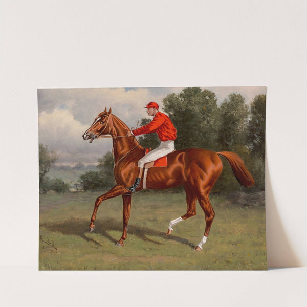 Chestnut racehorse, possibly Chaos, winner of the Second Futurity Stakes, with jockey up (1889) by Henry Stull