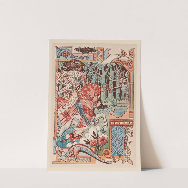 Chevalier sur son cheval pointant sa lance contre un diablotin by Eugène Grasset