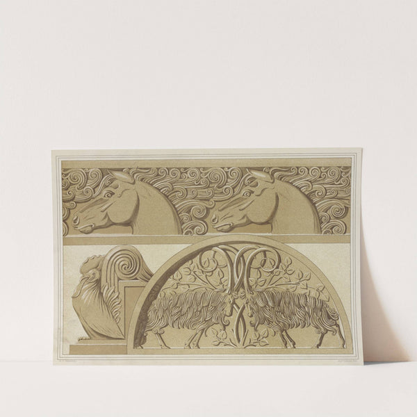 Chevaux, frise en pierre. Coq, amortissement. Boucs, tympan en pierre sculptée. by Maurice Pillard Verneuil