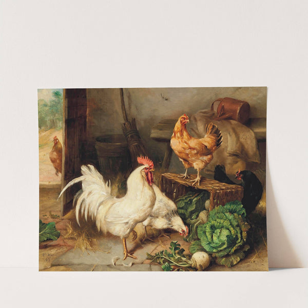 Chickens and cockerel in a barn by Edgar Hunt