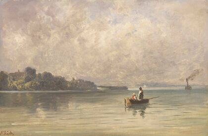 Chiemsee mit Fischerboot und Dampfer