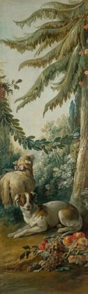 Chien et mouton dans un paysage