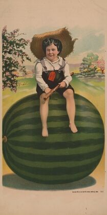 Child in straw hat sitting on a watermelon (1900)