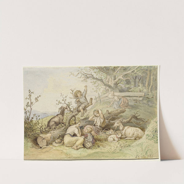 Children And Goats Resting By A Felled Tree by Adrian Ludwig Richter