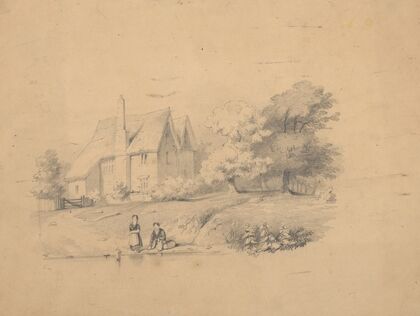 Children at play by the water’s edge near a country cottage