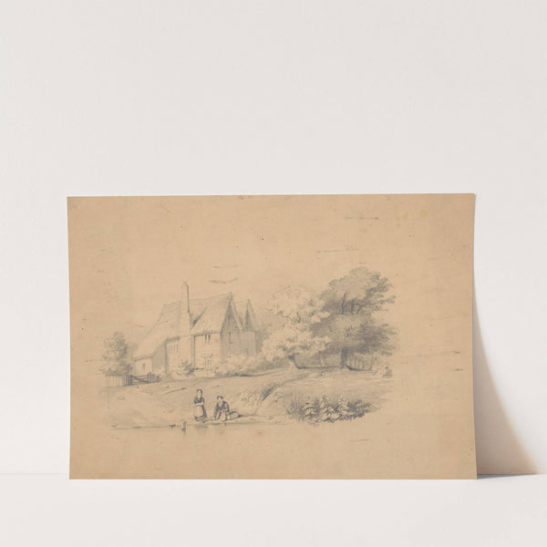 Children at play by the water's edge near a country cottage by John Rubens Smith