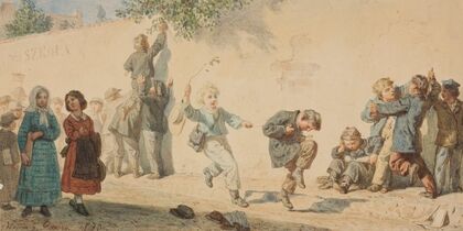 Children leaving the school building (1870)