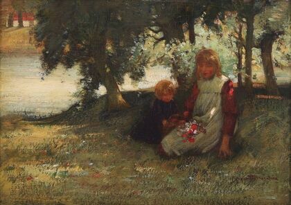 Children Picking Flowers by a River