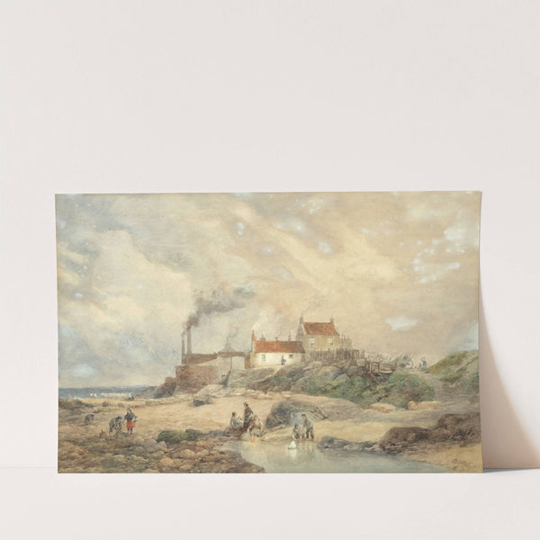 Children playing on the beach with smoke house beyond by Edward Duncan