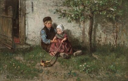 Children Playing with a Toy Wagon