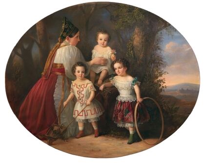 Children with their nanny in a Russian costume, with a vast landscape in the background