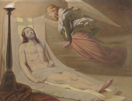 Christ in the grave, a mourning angel hovering over him (1851)