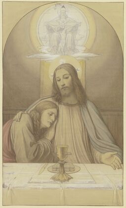 Christ with his favorite disciple John, half-length figures at the table of the Last Supper, above them the Trinity (1874)